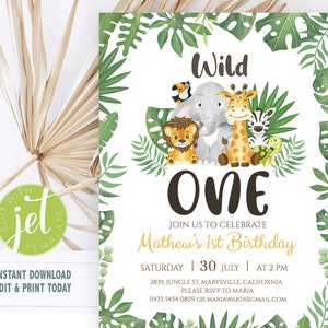 Invitation Wild One Safari modifiable, modèle numérique 1st First Birthday Greenery Baby Animals, WOSAB1
