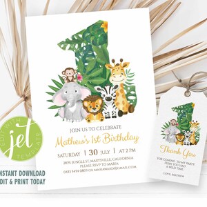 May include: A jungle-themed first birthday invitation with a green and gold number one surrounded by animals like a monkey, elephant, lion, giraffe, and zebra. The invitation includes the text "Join us to celebrate Mathew's 1st Birthday" and details for the party.