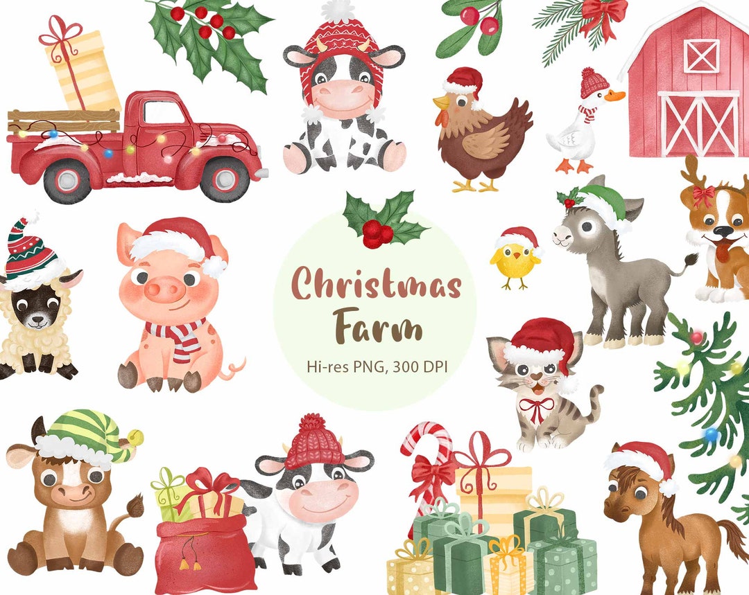 Christmas Farmhouse PNG Clipart Bundle, Cute Farm Baby Animals ...