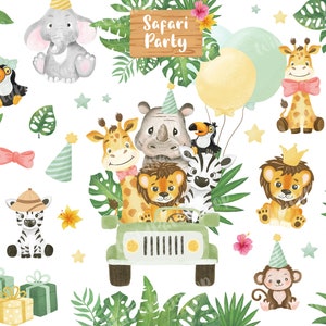 Clipart di animali per bambini Safari Jungle, tema festa tropicale nel bosco della scuola materna, compleanno selvaggio, baby shower, elefante, leone PNG