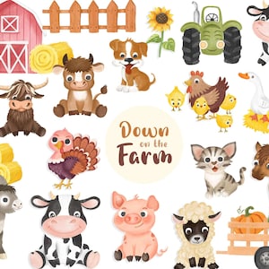 かわいい農場の動物のクリップアート セット、農場のデジタル イラスト、子牛、羊、雄牛、農場をテーマにしたパーティーの装飾、PNG ファイル