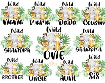 Könnte beinhalten: Ein Satz von 10 digitalen Bildern mit einem Cartoon-Elefanten, einer Giraffe und einem Löwen mit den Worten "Wild" und einem Familienmitgliedstitel wie "Mama", "DaDa", "Cousin", "Opa", "Oma", "Bruder", "Onkel", "Tante" und "Schwester".