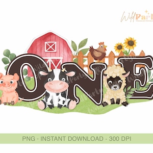 Design de transferência de camiseta de bebê de animais de fazenda de primeiro aniversário I'm ONE, download digital de sublimação PNG, peça central de cobertura de bolo, vaca ovelha porco