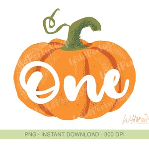 Puede incluir: Calabaza naranja con la palabra "One" escrita en blanco sobre ella. La calabaza tiene un tallo verde y una superficie texturizada.