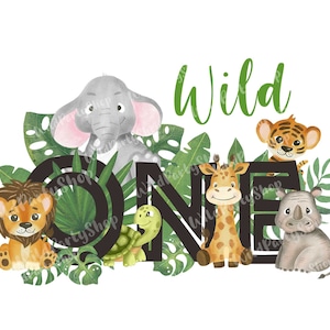 Archivo PNG de transferencia de camiseta de safari para primer cumpleaños de Wild ONE, animales bebés, diseño de sublimación de jungla, impresiones de acuarela para niños