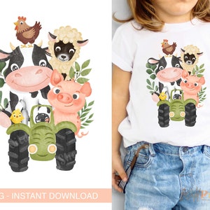 Farm Animals on Tractor 1st Birthday PNG: Watercolor T-Shirt Design (Digital Download)