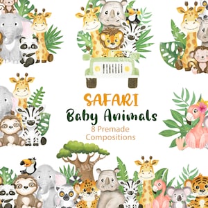 Safari jungle bébés animaux pépinière clipart. Animaux sauvages d'Afrique tropicale, baby shower, thème d'anniversaire, éléphant, girafe, lion, tigre PNG