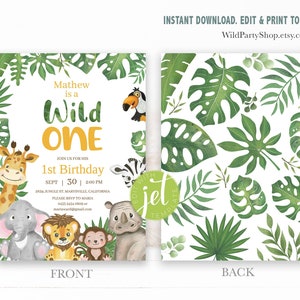 Editable Wild One Safari Invitation, 1st First Birthday Greenery Baby ...