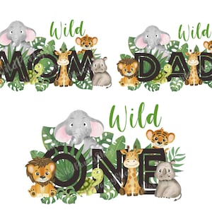 Familie Matching 1e verjaardag T-shirt transfer sublimatie PNG-bestand, mama en papa, Wild One Jungle Safari ontwerpen, Leeuw giraffe