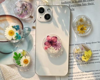 Pressed Flowers Transparent Phone Grip Holder, Heart Dried Natural Flowers Phone Stand with Silver Foil,Custom Phone Charms