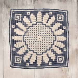 May include: A square crocheted cushion with a white and blue floral design. The cushion has a dark blue border and a white center.