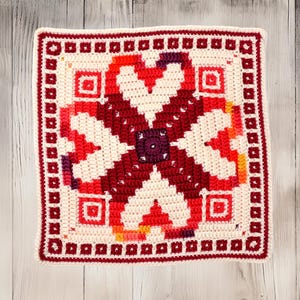 Patrón de mosaico de corazones cuadrados, tapete de crochet redondo con superposición de mosaico, mosaico para almohada, cojín, manta afgana, regalo de bricolaje, San Valentín