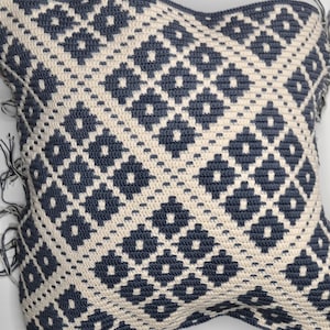 May include: A square throw pillow with a geometric pattern in shades of blue and white. The pillow has a fringe border.
