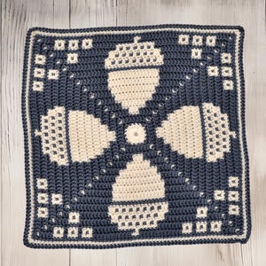 Patrón de crochet de bellota, mosaico cuadrado superpuesto, redondo, camino de mesa, azulejo para cojín, manta, decoración de estilo rústico.