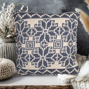 Ethnic Inspired Mosaic Crochet Pattern Ethno Garden Pillow Cover, Boho Home Décor, Baltic Nordic Motif Lilies, Cosy Crochet Design