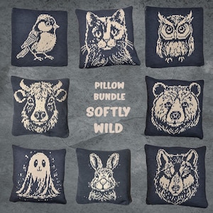 May include: A collection of nine square throw pillows with embroidered animal and ghost designs in cream on a navy blue background. The text "PILLOW BUNDLE SOFTLY WILD" is displayed in cream. The pillows feature a bird, cat, owl, cow, bear, ghost, rabbit, and wolf.