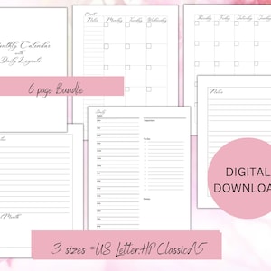 Daily Layout Insert, Monthly Calendar,  layout minimalist insert, HP Classic, A5, US Letter Digital, printable