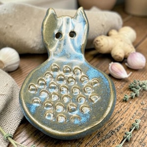Handmade Ceramic Cat Ginger Grater Blue Pottery Kitchen Tool BM NORA Artisan Pottery Free Shipping USA