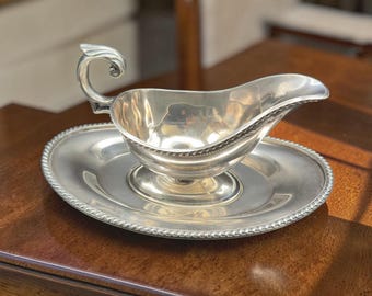 Vintage Silver Plated Gravy Boat with Underplate Primrose Plate EP Brass Elegant Serving Set FREE Shipping USA
