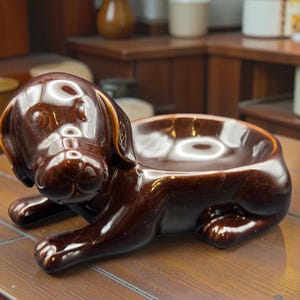 Peut inclure: Un plat en céramique marron en forme de chien avec une finition brillante. Le chien est couché, la tête relevée, et le plat est au centre de son dos. Le plat est probablement utilisé pour contenir de petits objets ou comme pièce décorative.