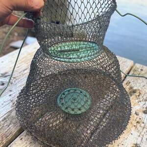 Peut inclure: Un panier à poisson pliable en treillis métallique gris foncé, doté de deux plaques circulaires en plastique vert clair à la base et au centre. Le panier comprend des poignées en fil métallique vert fixées au bord supérieur.