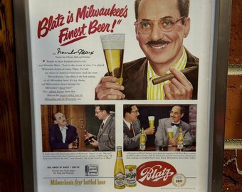 Original 1951 Blatz Beer Magazine Advertisement Groucho Marx Framed Milwaukee Beer Ad Free Shipping USA
