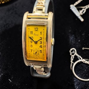 Vintage Elco Art Deco Wrist Watch Gold Tone Rectangular Amber Dial Ladies Watch 1930s Style Free shipping USA