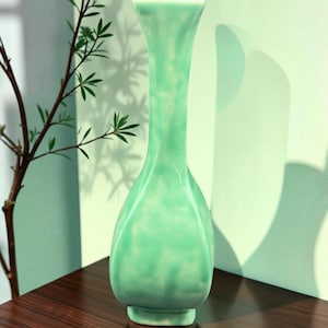 May include: A pale green ceramic vase with a bulbous base and a long, elegant neck. The vase sits on a dark wooden surface. A sprig of foliage is to the left. The background is a light green wall.