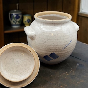 May include: A speckled, off-white ceramic jar with a lid. The jar has a rounded body, two small handles, and a light brown rim. It is decorated with a blue diagonal line and two blue diamond shapes. The lid is speckled with a light brown rim. The jar sits on a dark wooden surface.