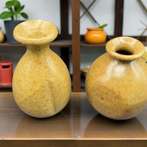 Peut inclure: Deux vases en céramique faits à la main, tachetés, avec une teinte chaude et terreuse. L'un a un col haut et évasé, l'autre est rond avec une ouverture plus petite. Les vases sont exposés sur une surface en bois.