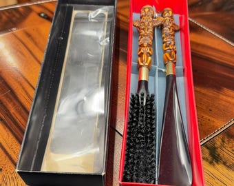 Vintage Japanese Tiki Shoehorn & Shoe Brush Set Carved Tribal Handles Original Box Free Shipping USA