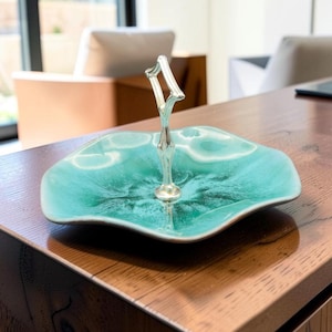 Vintage Blue Mountain Pottery Canada Turquoise Serving Dish with Chrome Handle 9" Free Shipping USA