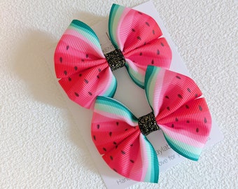 Set Of 2 Watermelon hair bows clips , Summer Fruit Party