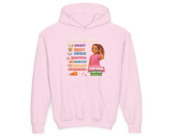 Sudadera juvenil con capucha ilustrada para niñas con mensajes de afirmación / Inteligente, valiente, única, hermosa, digna y audaz.