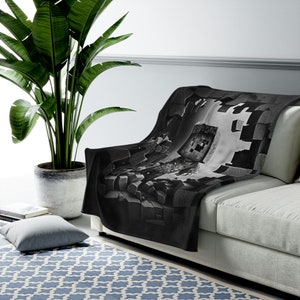 Minecraft-Inspired Black and White Velveteen Plush Blanket - 50&quot; x 60&quot;