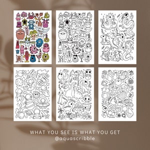 May include: Six printable coloring pages featuring various illustrations. The first page features colorful monsters, the second page features black and white monsters, the third page features black and white dragons, the fourth page features black and white astronauts and spaceships, the fifth page features black and white dinosaurs, and the sixth page features black and white fruits.
