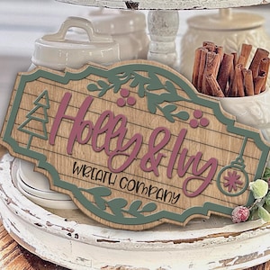 Corona de acebo y hiedra con copos de nieve y señal de bienvenida, archivo digital para decoración navideña de invierno con láser, letrero de aspecto vintage, archivos svg dxf