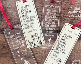 May include: Four rectangular bookmarks with red ribbon ties, featuring religious quotes and illustrations. Two are light wood with black text, and two are clear acrylic with white text. The text includes verses from Isaiah, Matthew, Psalm, and Psalm.