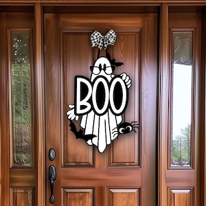 Fantôme ringard tenant le mot BOO, automne, automne, décoration d'Halloween, panneau en bois, fichier découpé au laser accroche-porte SVG DXF avec et sans lunettes