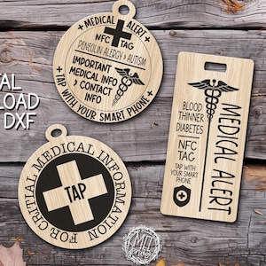 May include: Wooden medical alert tags with engraved text and symbols. One round tag features a cross and the words "Critical Medical Information." Another round tag has a cross and the words "Medical Alert." A rectangular tag also says "Medical Alert."