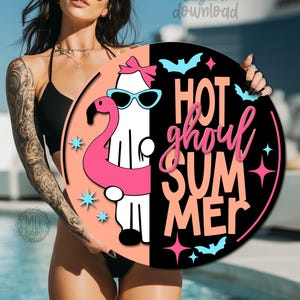 Hot Ghoul Summer Door Hanger: Flamingo, nerdy ghost summer ween (digital download) laser ready file