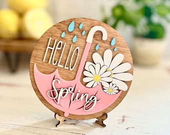 Round sign / door hanger Hello SPring with dasies and umbrella svg cut file for laser / Glowforge cut tested daisy tiered tray svg