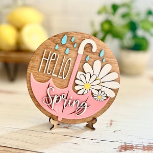 Round sign / door hanger Hello SPring with dasies and umbrella svg cut file for laser / Glowforge cut tested daisy tiered tray svg