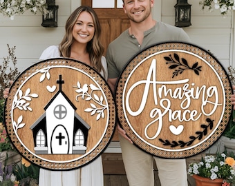 Amazing Grace Double Door Laser Cut File: Religious Round Sign (SVG DXF Digital Download)