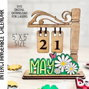 Calendario de escritorio intercambiable de 5" x 5", decoración de temporada, letreros 3D de regalo glowforge, archivo cortado con láser SVG