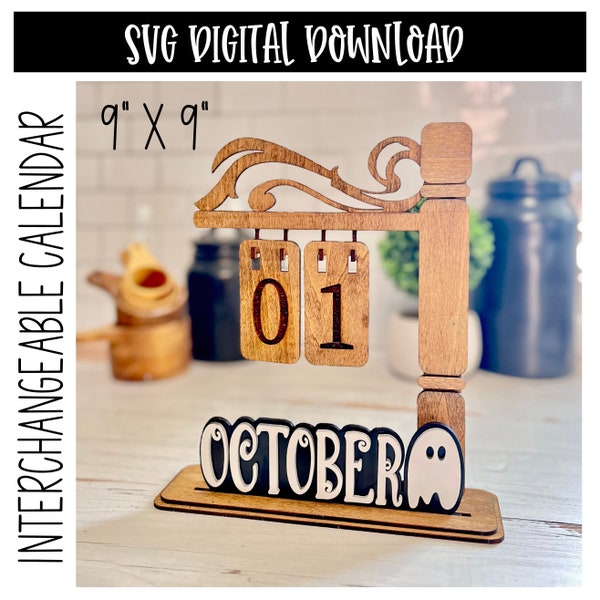 Interchangeable calendar 9 inch, includes stand, numbers, & all 12 months.  Digital download SVG, Xtool / glowforge / laser cut file