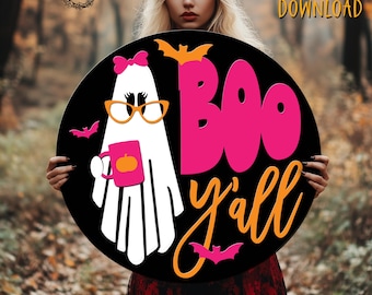 Boo Y'all nerdy cute girl ghost Halloween SVG: Fall Porch Sign, Laser Cut File (Digital Download)