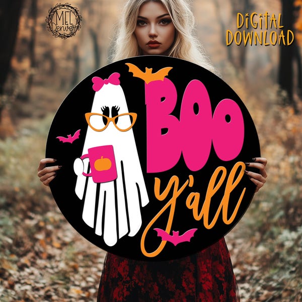 Boo Y'all nerdy cute girl ghost Halloween SVG: Fall Porch Sign, Laser Cut File (Digital Download)