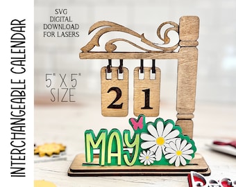 interchangeable desktop size calendar 5&quot; x 5&quot; seasonal decor, gift 3D signs glowforge,  laser cut file SVG