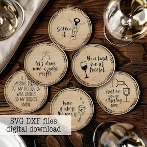 Lot de 6 modèles de sous-bocks / amateur de vin / drôle / gravure / vinyle / cadeau pour Noël de maman - fichier coupe DXF SVG glowforge cricut silhouette